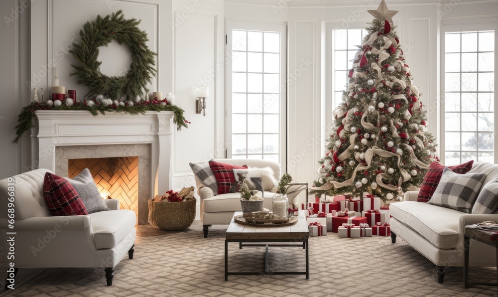 Photo of a cozy living room decorated for Christmas with a beautiful tree and furniture
