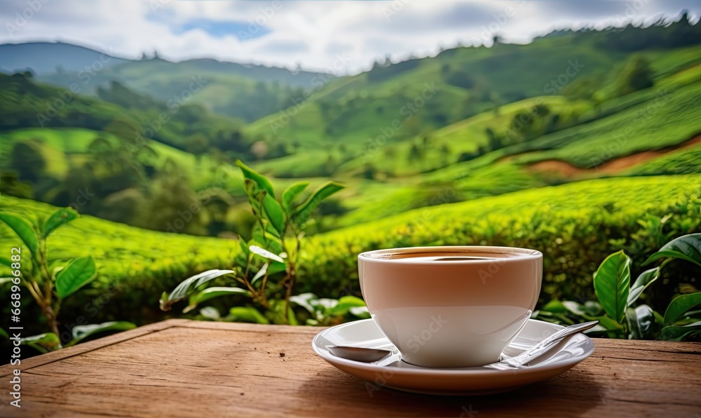 Photo of a cup of coffee on a saucer, ready to be enjoyed