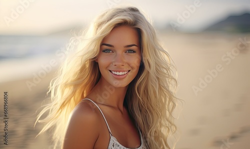 Photo of a stunning blonde woman enjoying a panoramic view of the beach from a high vantage point © uhdenis