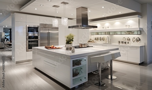 Photo of a modern kitchen with a spacious center island and a sleek stove top oven