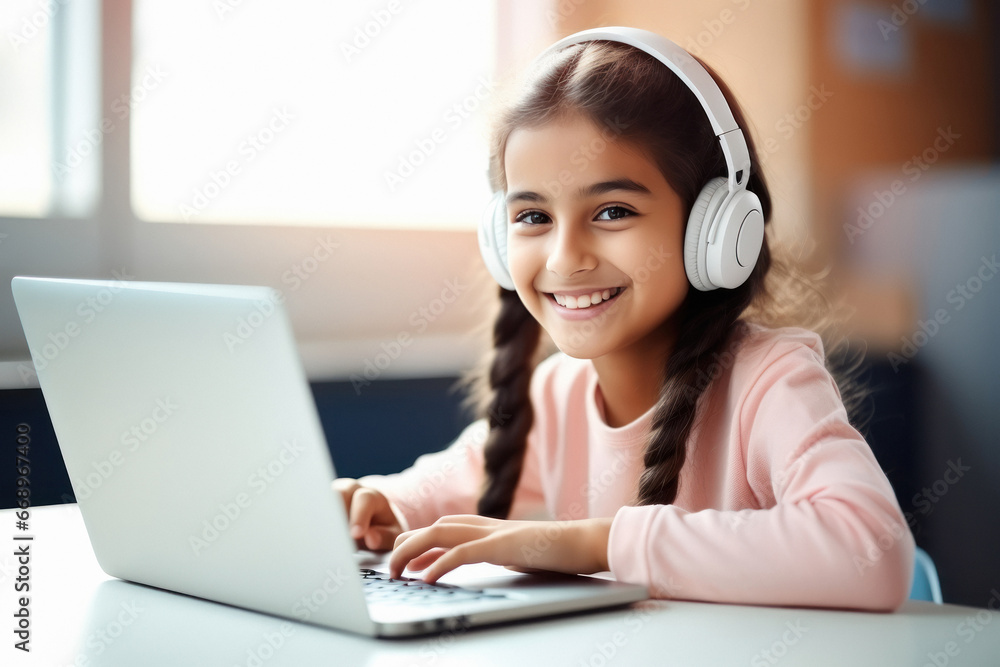 Cute little girl student using laptop and headphone accessories. Cute little girl student using laptop and headphone accessories.