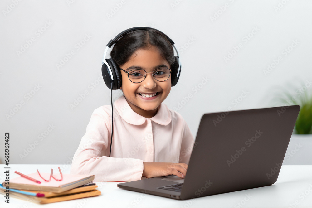 Cute little girl student using laptop and headphone accessories. Cute little girl student using laptop and headphone accessories.
