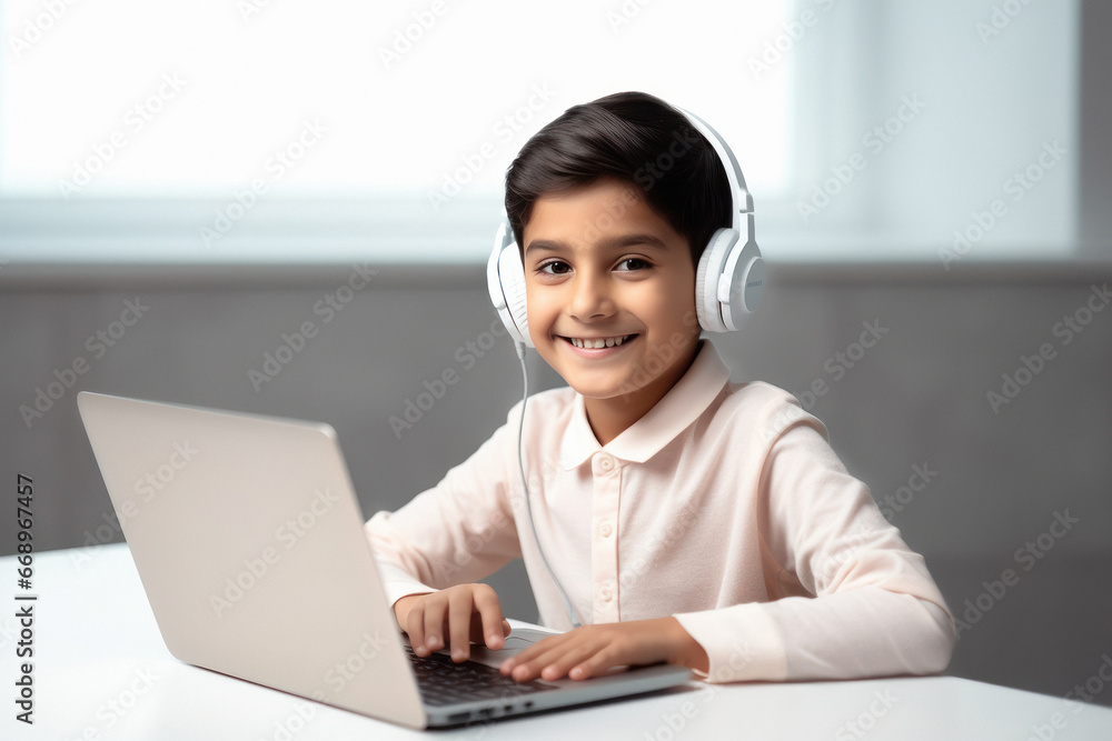 Cute little boy student using laptop and headphone accessories. Cute little boy student using laptop and headphone accessories.