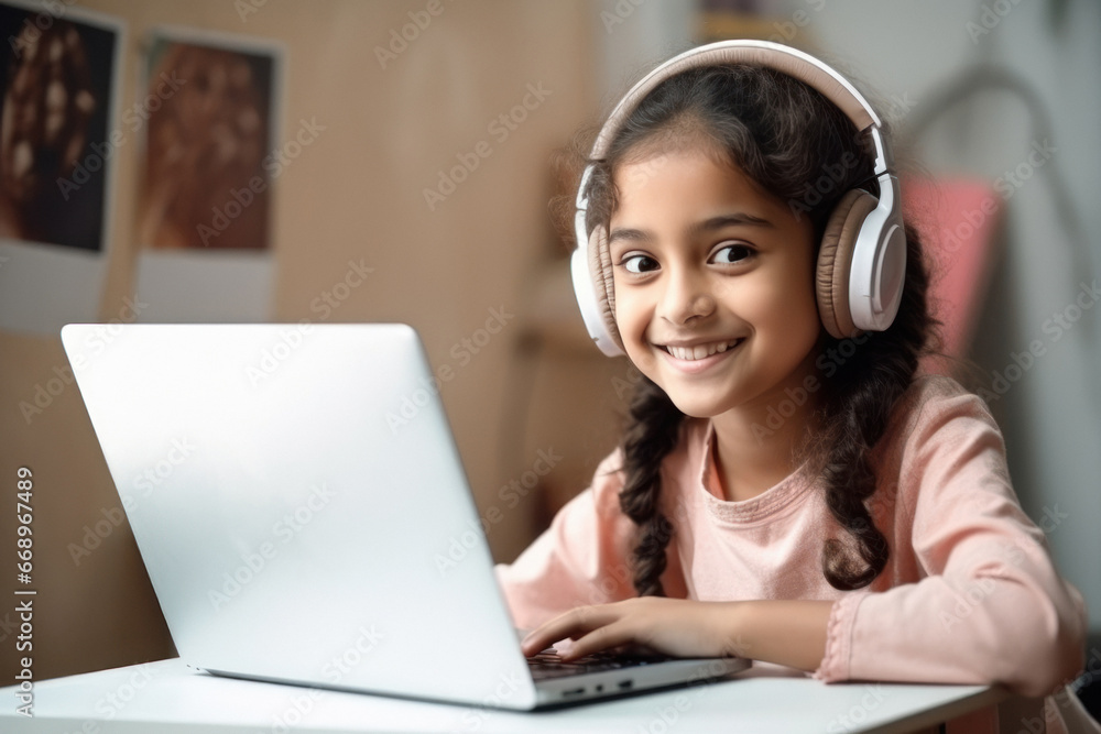 Cute little girl student using laptop and headphone accessories Cute little girl student using laptop and headphone accessories