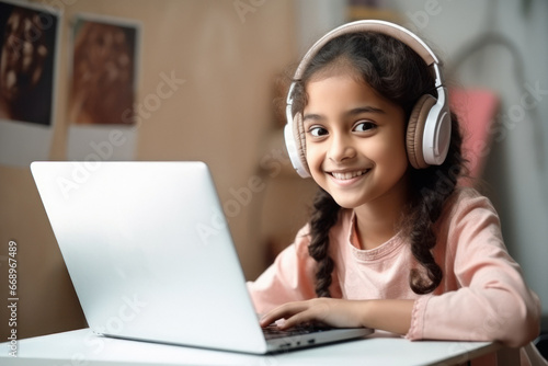 Cute little girl student using laptop and headphone accessories