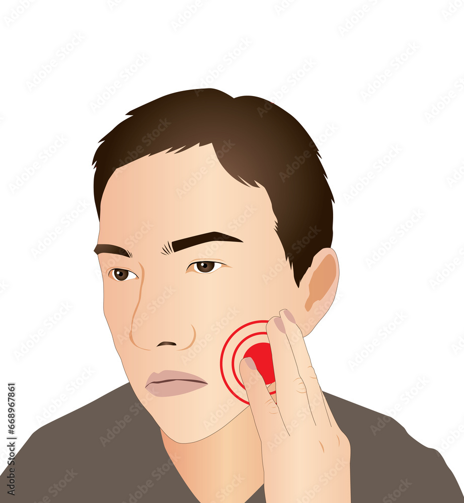 Man toothache dental problems periodontal in painful red highlight, illustration on white background Man toothache dental problems periodontal in painful red highlight, illustration on white background