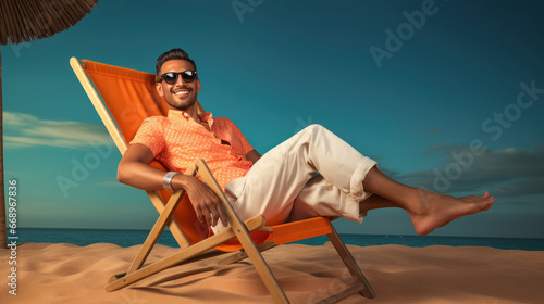 Indian man sitting deckchair, enjoying vacation photo