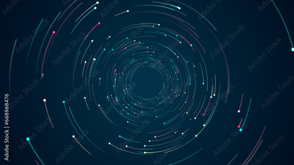 Colorful digital dot technology floating rotation in circle like in space with abstract background
