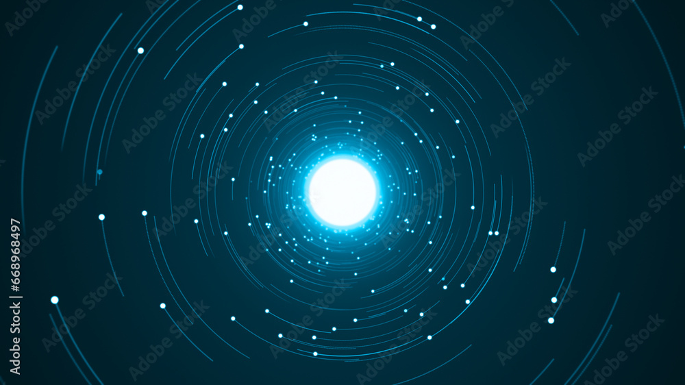 Blue digital dot technology floating rotation in circle like in space with abstract background