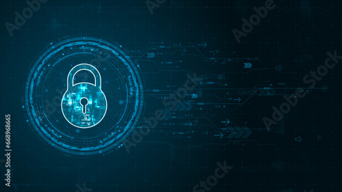 Fototapeta Naklejka Na Ścianę i Meble -  Blue digital security key logo and circle futuristic HUD elements with flowing arrows with network firewall technology and data secure concepts on abstract background