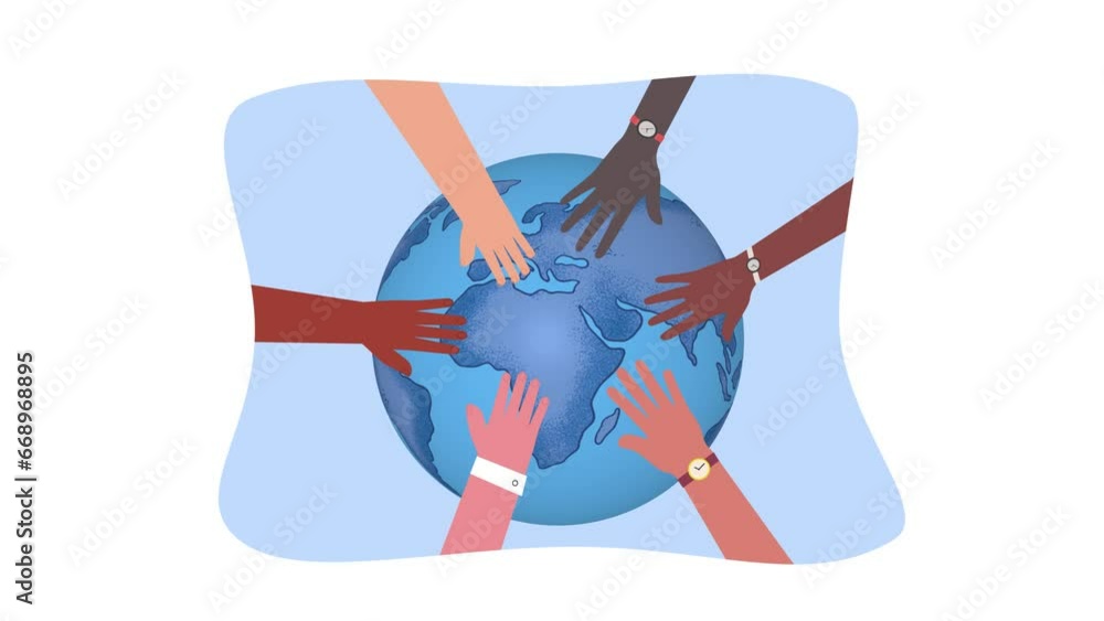 Multicultural Hands Touching Earth Design Animation. Diverse