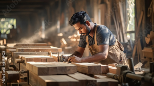 Indian carpenter working at his shop or factory photo