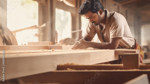 Indian carpenter working at his shop or factory photo