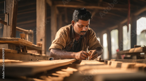Indian carpenter working at his shop or factory