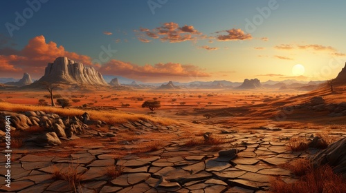 Illustration scene with dry land and hills.