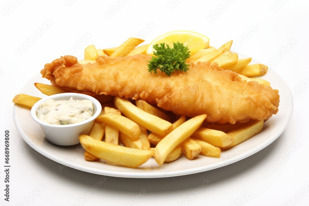 Photo of a classic British fish and chips dish against a white background. Generative AI