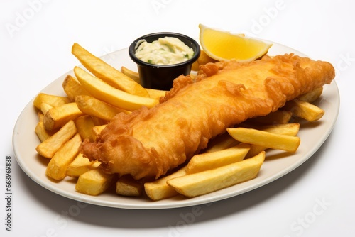 Photo of a classic British fish and chips dish against a white background. Generative AI