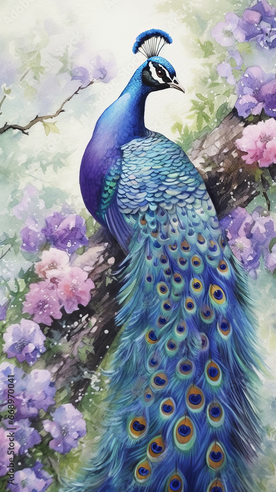 Obraz premium Watercolor Painting of Peacock on Flower.