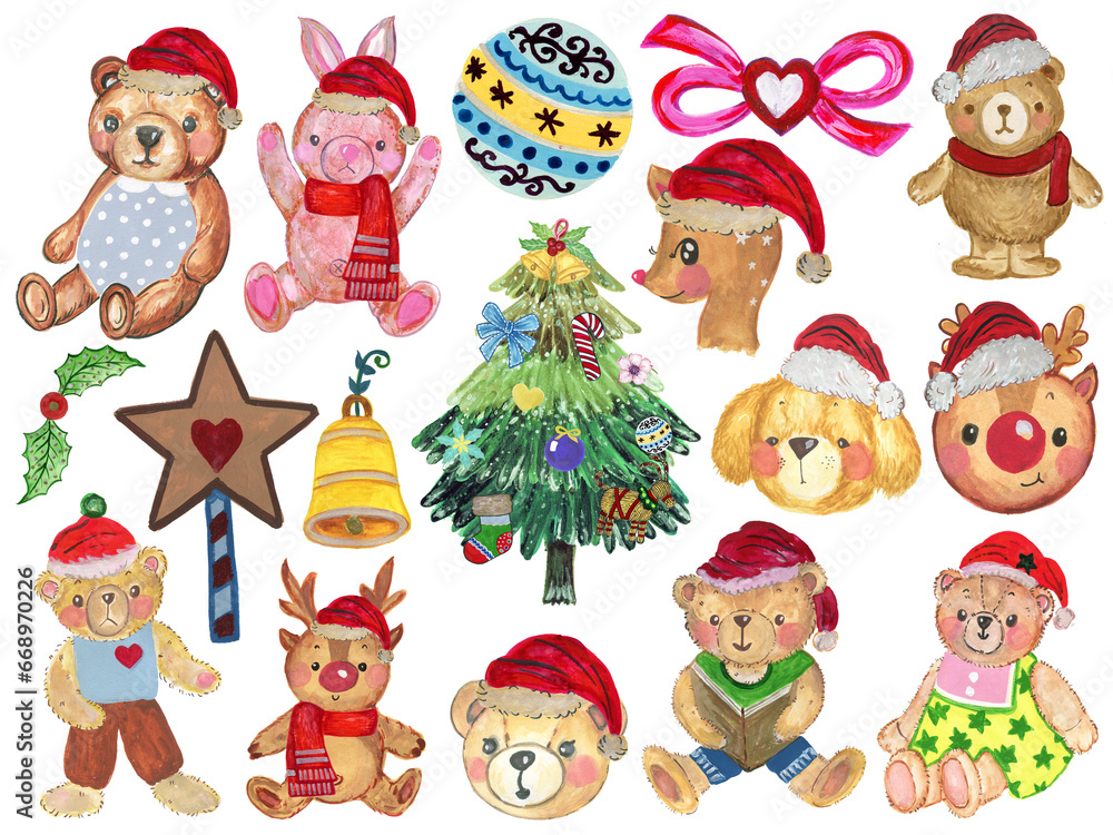 Doodle cute animal watercolor illustration character toy doll ad dessert in holiday  merry christmas festive celebrate collection isolated
