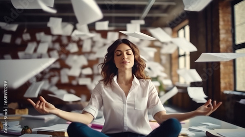 Corporate woman in meditation at office photo