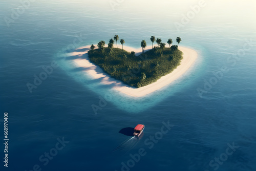A boat heading to heart shaped island in the sea. Top down view © May
