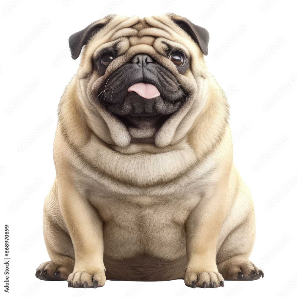 fat cute dog portrait isolated on white background generative ai