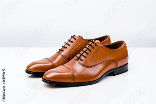 Photo of a pair of elegant leather shoes against a clean white backdrop. Generative AI