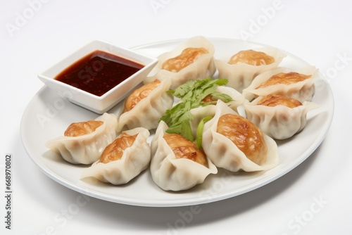 Photo of a plate of Chinese dim sum with dipping sauce on a clean white background. Generative AI