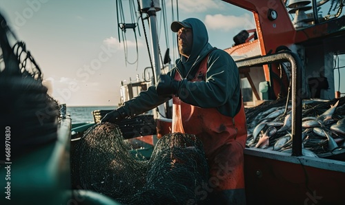 A man proudly displaying his catch of fish on a boat