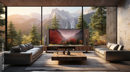 Home theater with tv screen and speakers in modern living room.