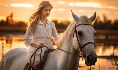 A woman riding a majestic white horse
