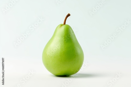 Photo of a shiny green pear on a spotless white surface. Generative AI