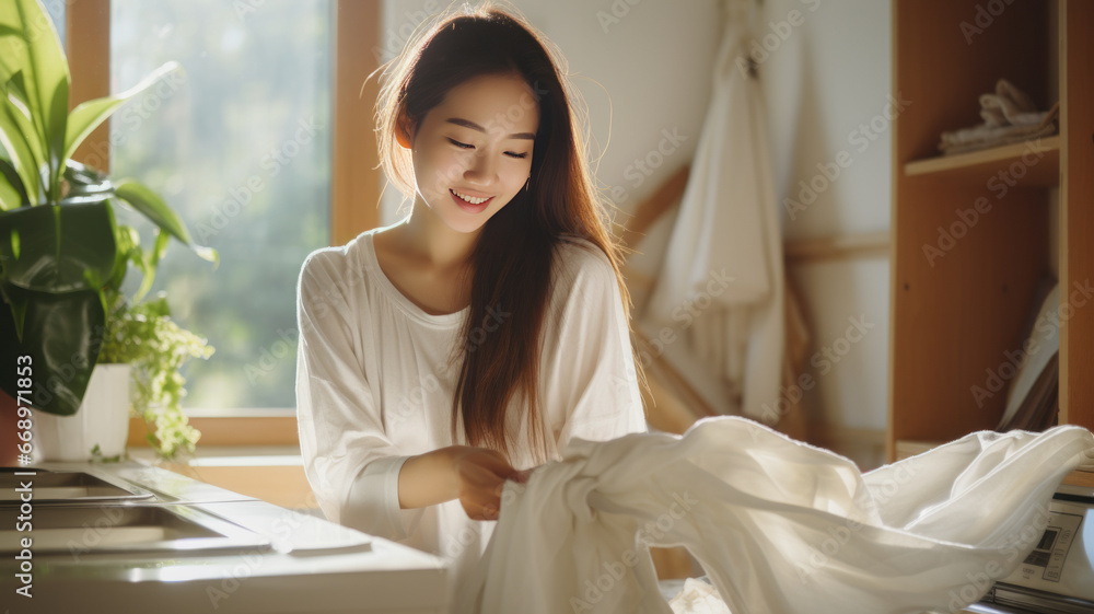 Asian female washing blankets with washing machine at home generative ai Asian female washing blankets with washing machine at home generative ai