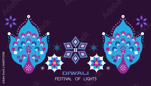 Traditional Indian festival Diwali. Happy Festival of lights Deepavali Template  banner, poster, greeting card Festive Burning diya graphic design background Vector abstract flat illustration