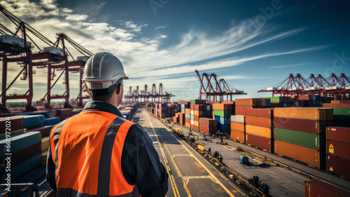 Engineer inspects cargo at container yard, global logistics.generative ai