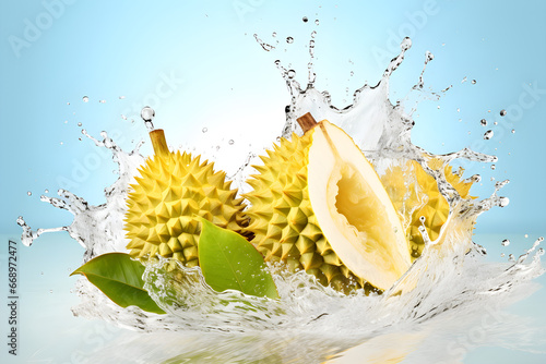 water splash with durian fruit isolated on white background