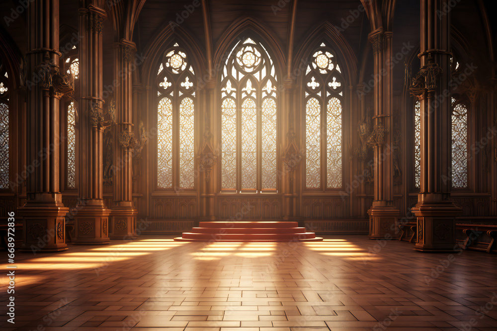 Inside of a gothic cathedral with wooden floor and carved stone - obrazy, fototapety, plakaty 