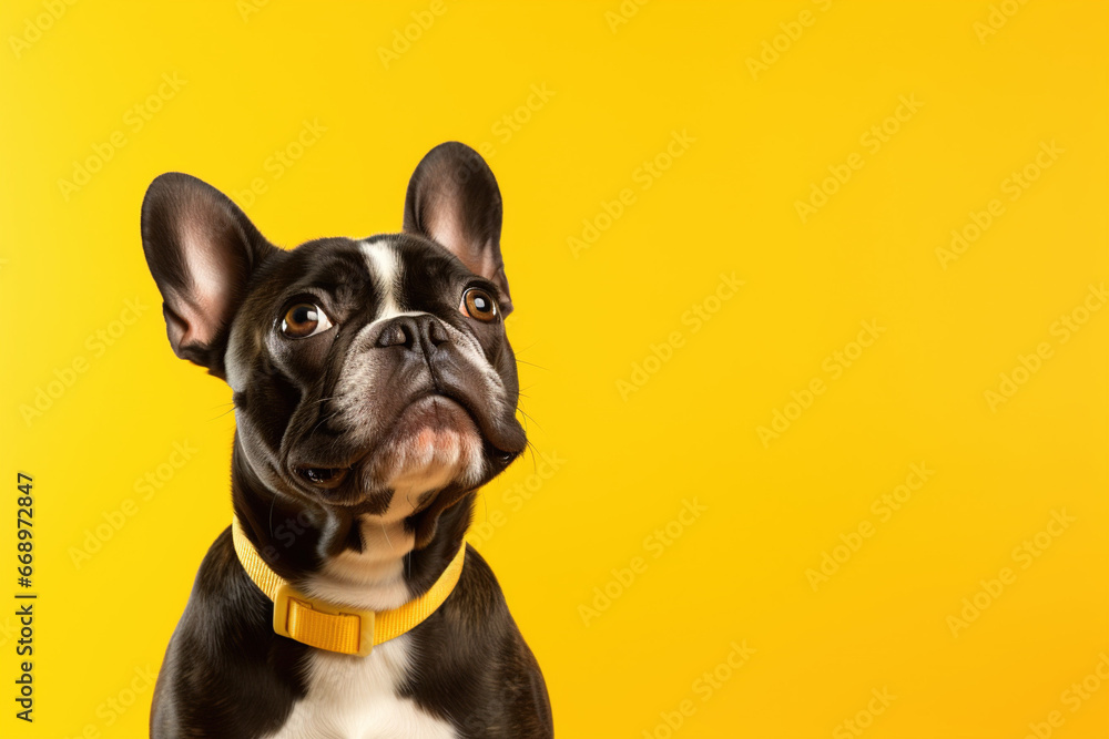 Cute bull dog looking surprised sitting on yellow background, closeup, copy space