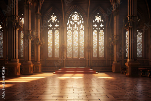 Inside of a gothic cathedral with wooden floor and carved stone photo