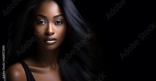 Beautiful black young woman model with black hair on dark background. Composition with copyspace.