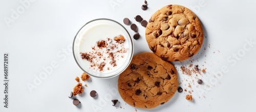 Top view of homemade chocolate chip cookies with salty milk and a marble backdrop Food styling photograph photo