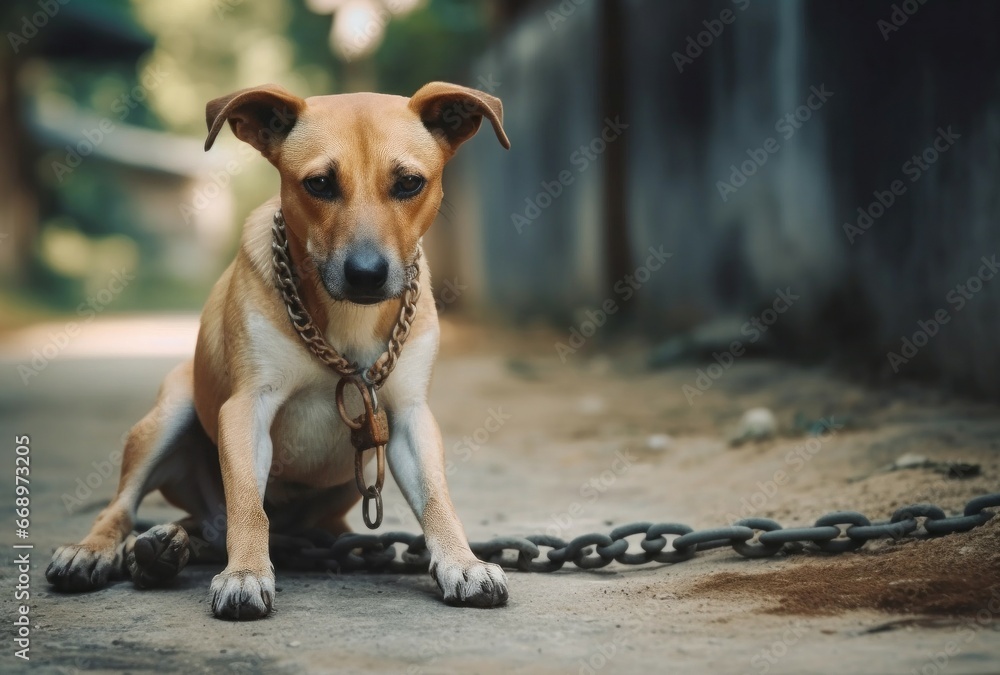 Obraz na płótnie Abused dog locked in chains. Lonely sad homeless puppy dog. Generate ai w salonie