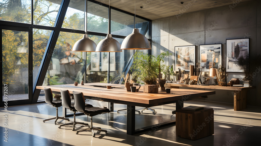 Meeting room with table and chairs, Generative AI