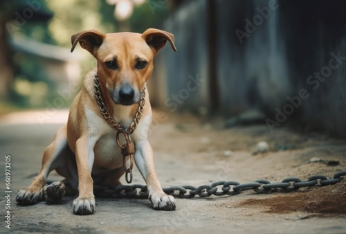 Abused dog locked in chains. Lonely sad homeless puppy dog. Generate ai photo