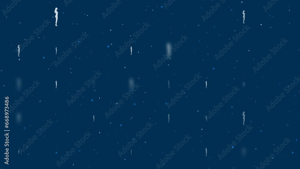 Template animation of evenly spaced woman silhouettes of different sizes and opacity. Animation of transparency and size. Seamless looped 4k animation on dark blue background with stars Template animation of evenly spaced woman silhouettes of different sizes and opacity. Animation of transparency and size. Seamless looped 4k animation on dark blue background with stars
