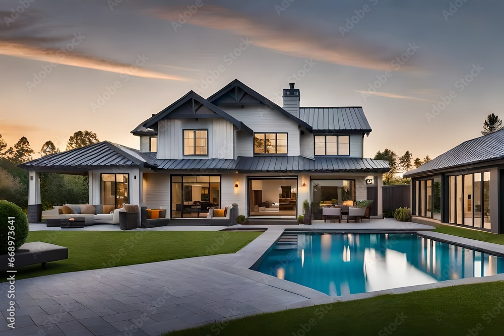 Beautiful modern farmhouse style luxury home exterior at twilight. Generative AI - obrazy, fototapety, plakaty 
