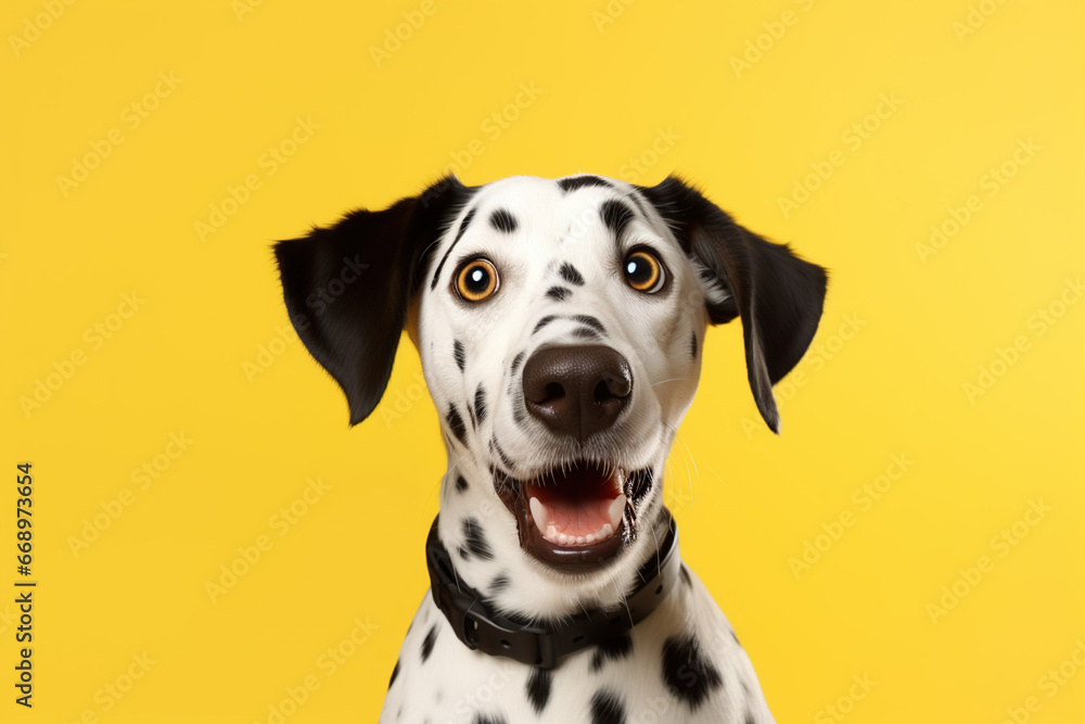Cute chihuahua dog looking surprised on yellow background, closeup, copy space