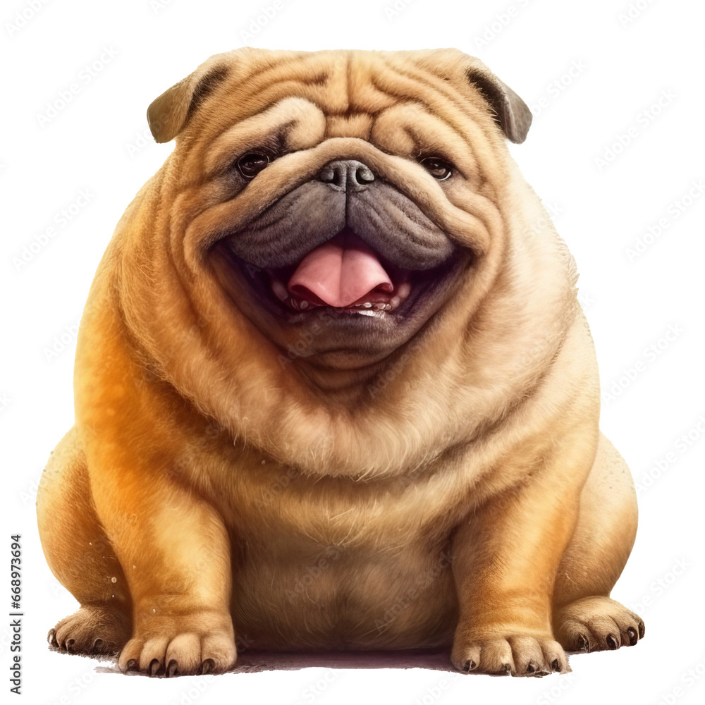 fat cute dog portrait isolated on white background, generative ai