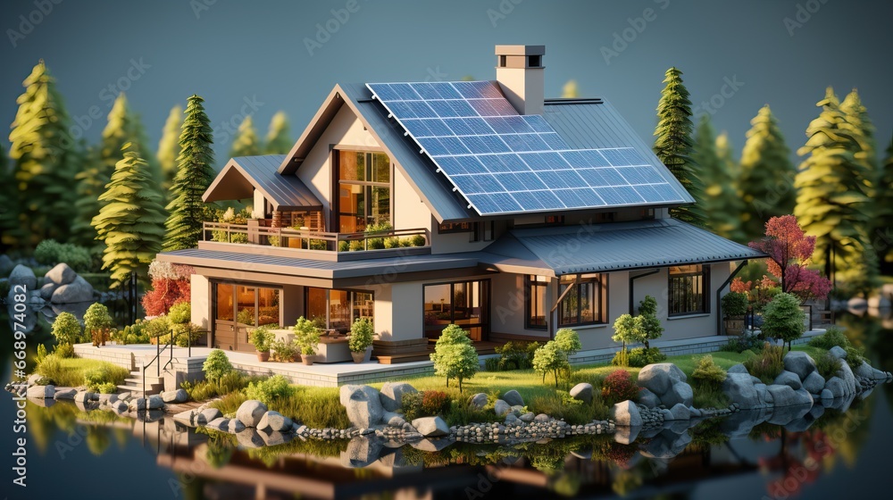 Maison avec panneaux voltaïques avec ciel en été, avec une végétation verdoyante. Maison avec panneaux voltaïques avec ciel en été, avec une végétation verdoyante.
