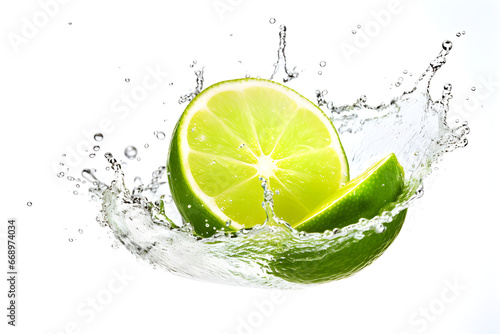 water splash with lime isolated on white background